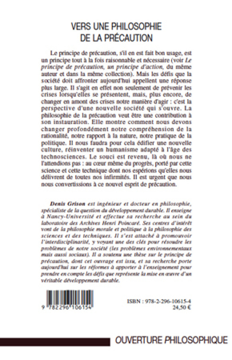 Vers une philosophie de la précaution - Denis Grison - L'HARMATTAN