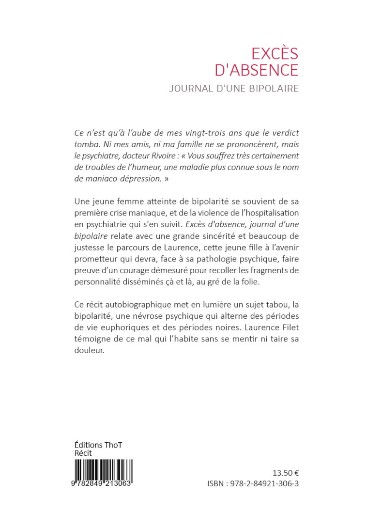 Excès d'absence, journal d'une bipolaire - Laurence Filet - THOT FORMATION